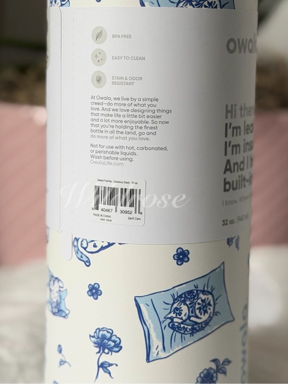 Owala Blue Delft Cat Collage Floral 32OZ Freesip leakproof tumbler new - Picture 7 of 7